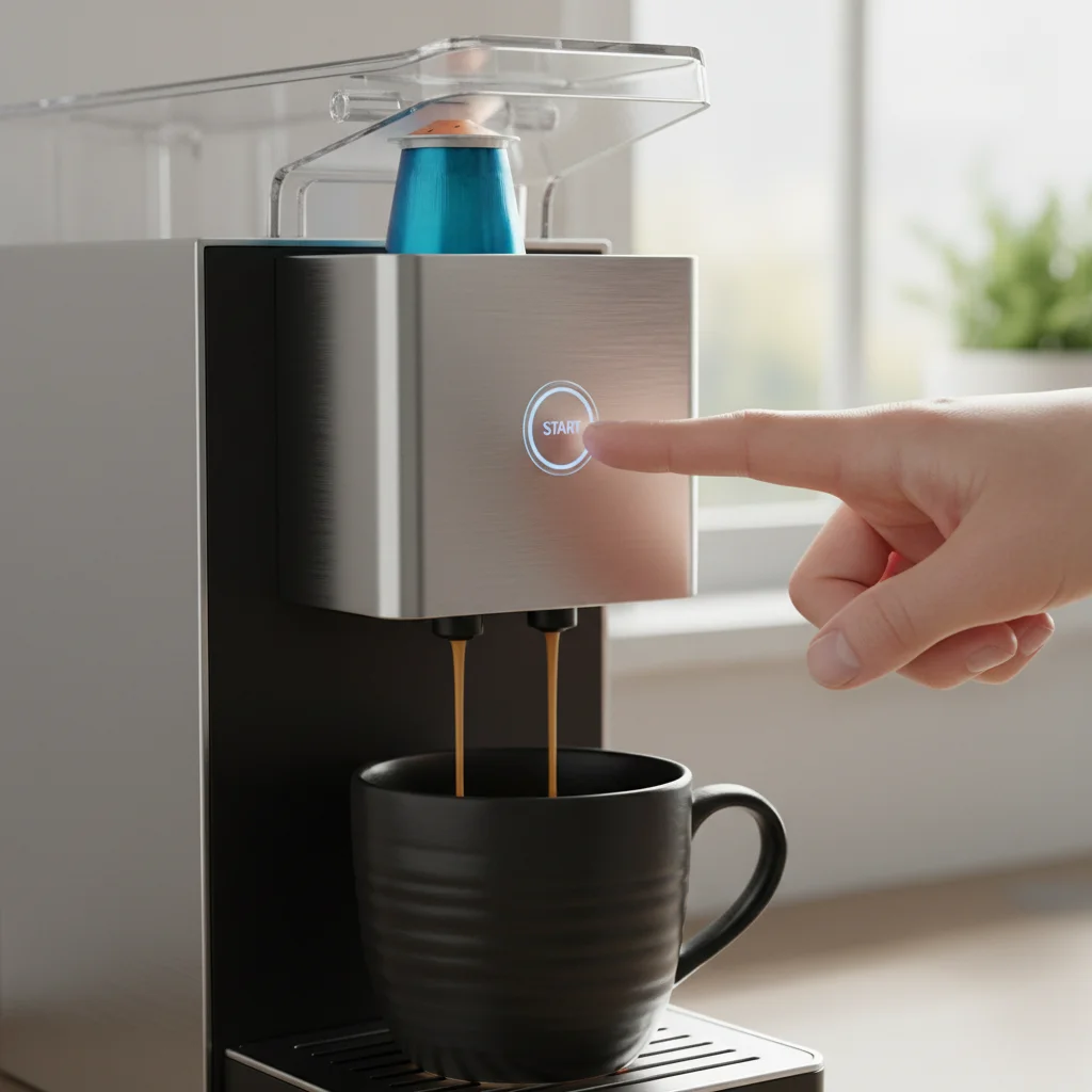 Hand operating a single-serve coffee machine with a coffee pod.