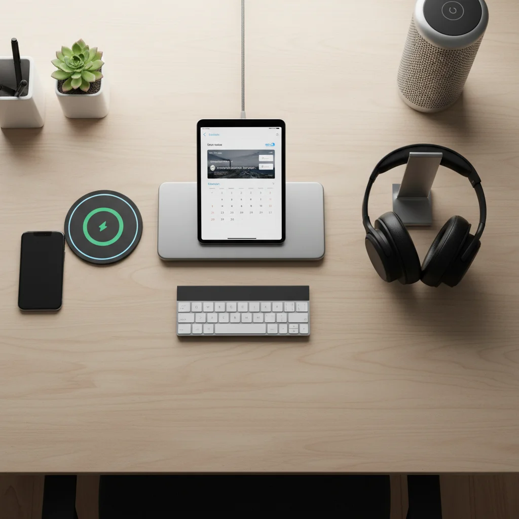 Organized smart desk with wireless charger, noise-canceling headphones, and smart speaker