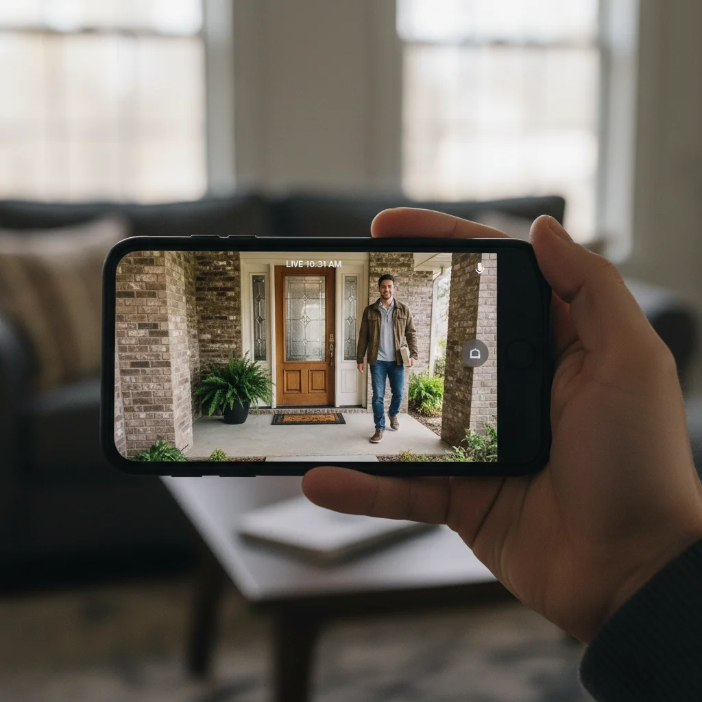 Smartphone displaying live feed from a smart doorbell camera with a person approaching the door
