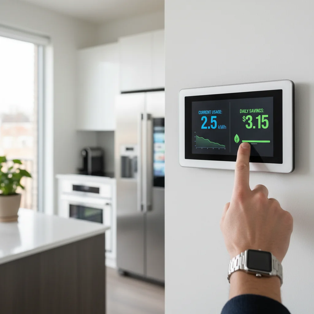 Smart home energy monitor displaying real-time savings in a modern kitchen