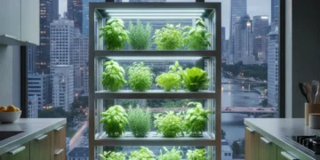 Smart garden unit with LED lights growing herbs in an urban kitchen