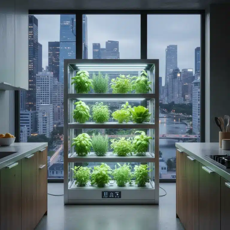 Smart garden unit with LED lights growing herbs in an urban kitchen