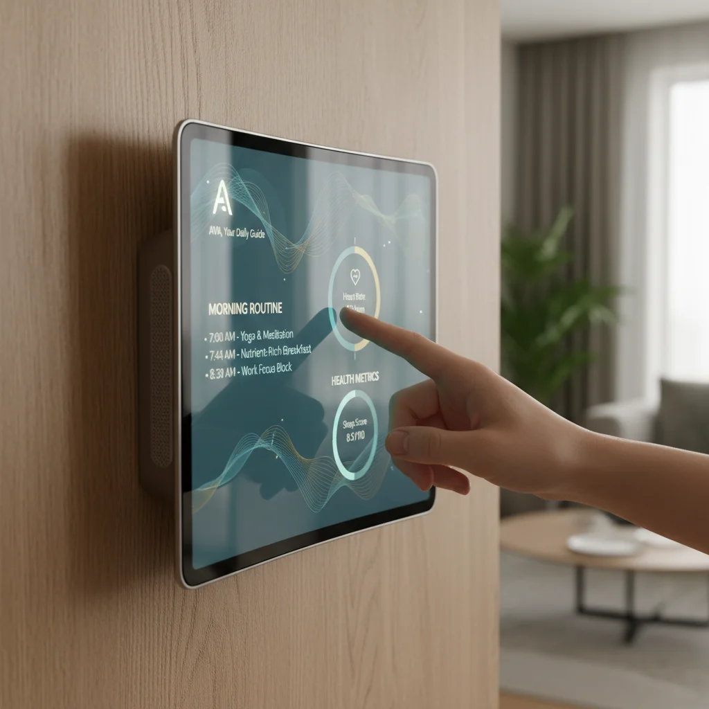User interacting with a smart home device powered by a personalized AI assistant showing tailored information.