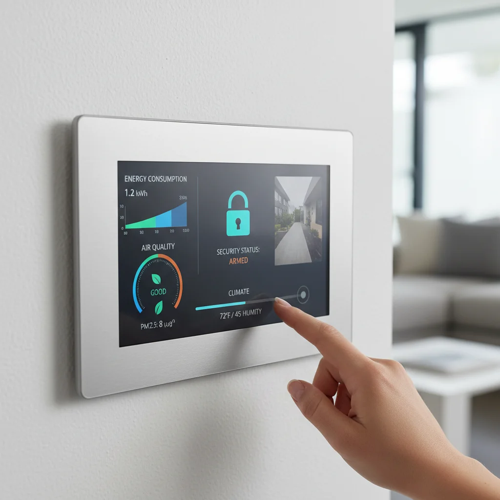 Smart home control panel with energy and security metrics