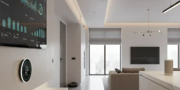 Smart home interior displaying energy savings on a tablet with integrated smart devices