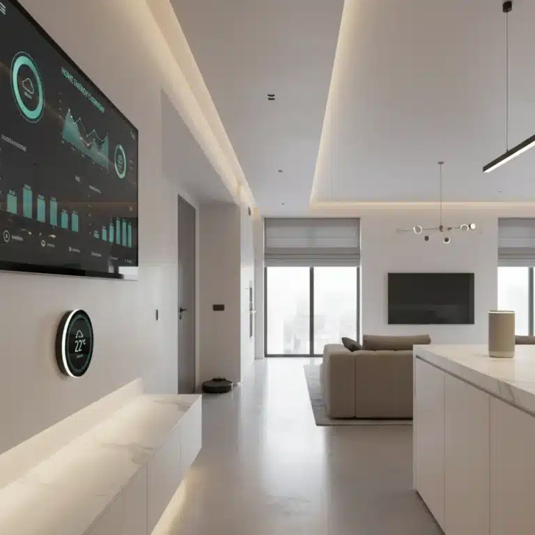 Smart home interior displaying energy savings on a tablet with integrated smart devices
