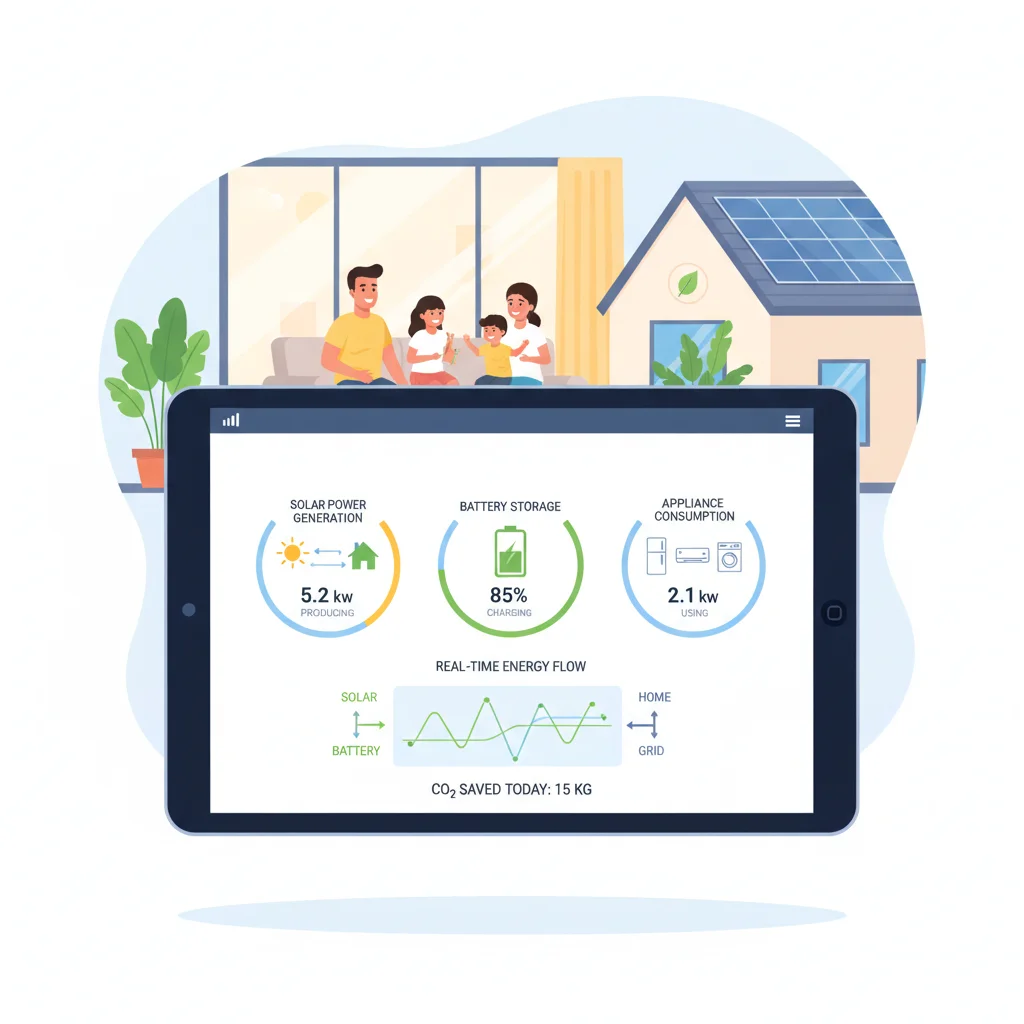 Smart home energy management system display with family in eco-home.
