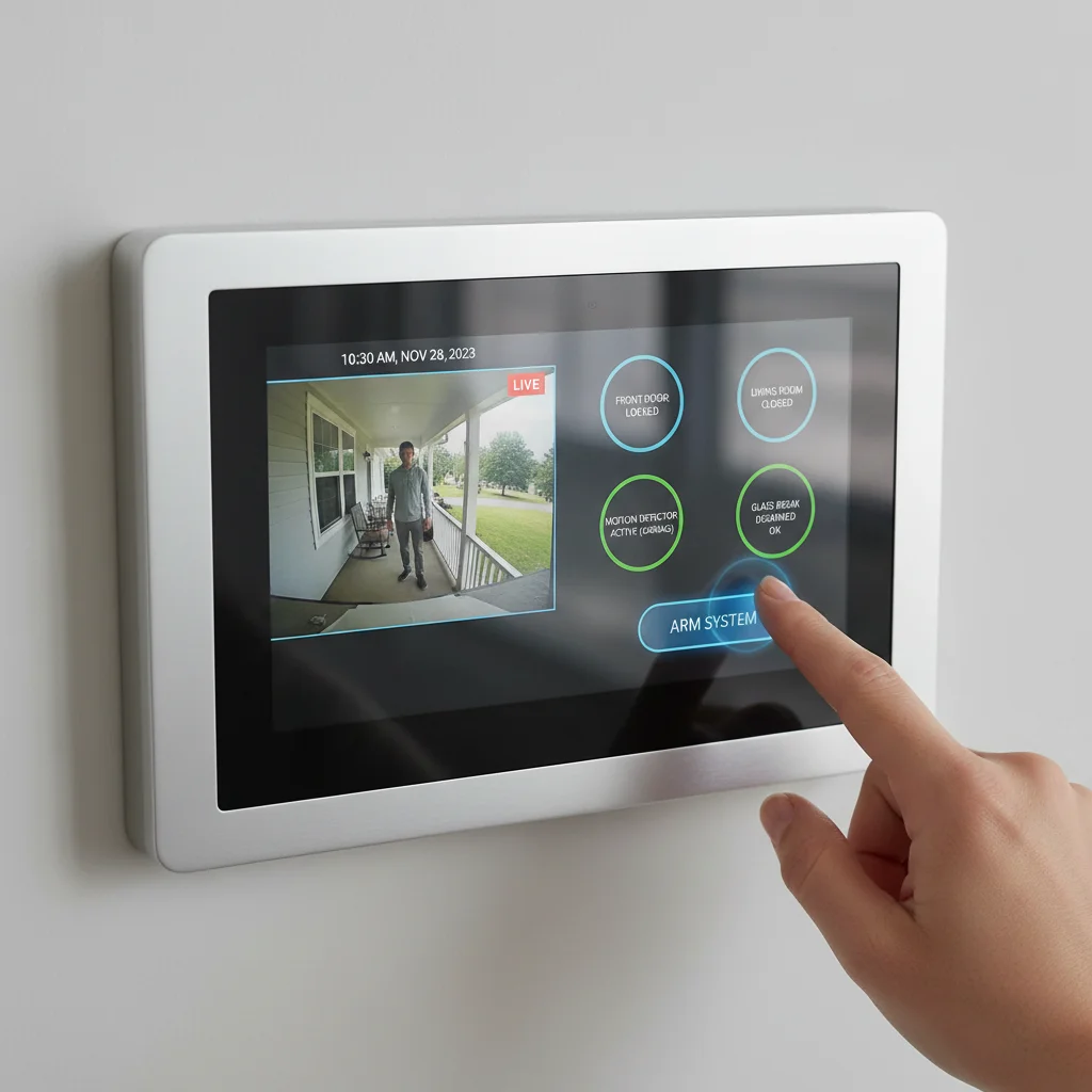 Modern smart home security control panel displaying live camera feed.