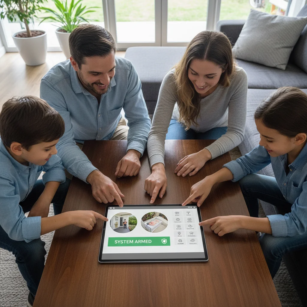 Family interacting with smart home security hub on a tablet, showing control panel