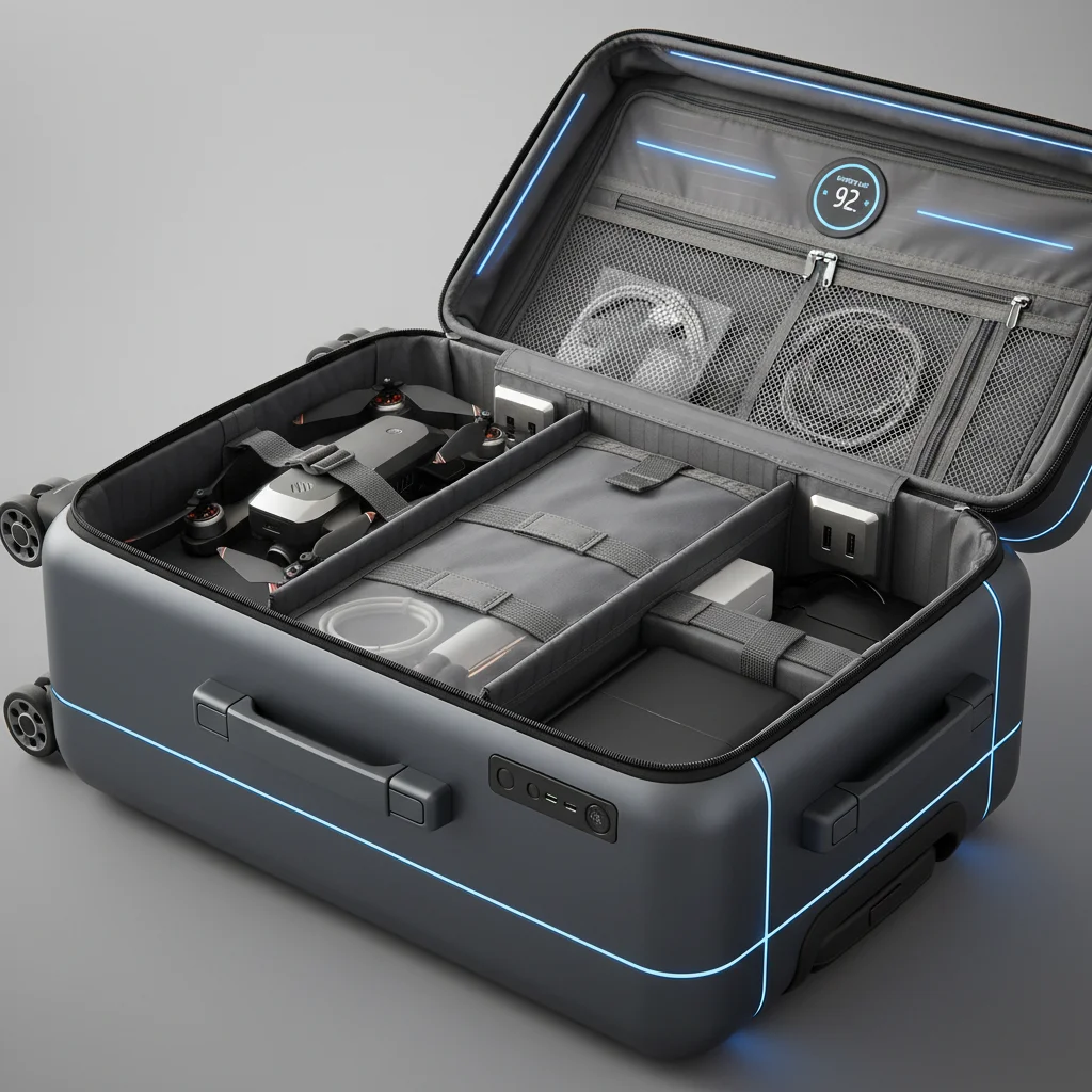Smart luggage with integrated charging and foldable drone compartments