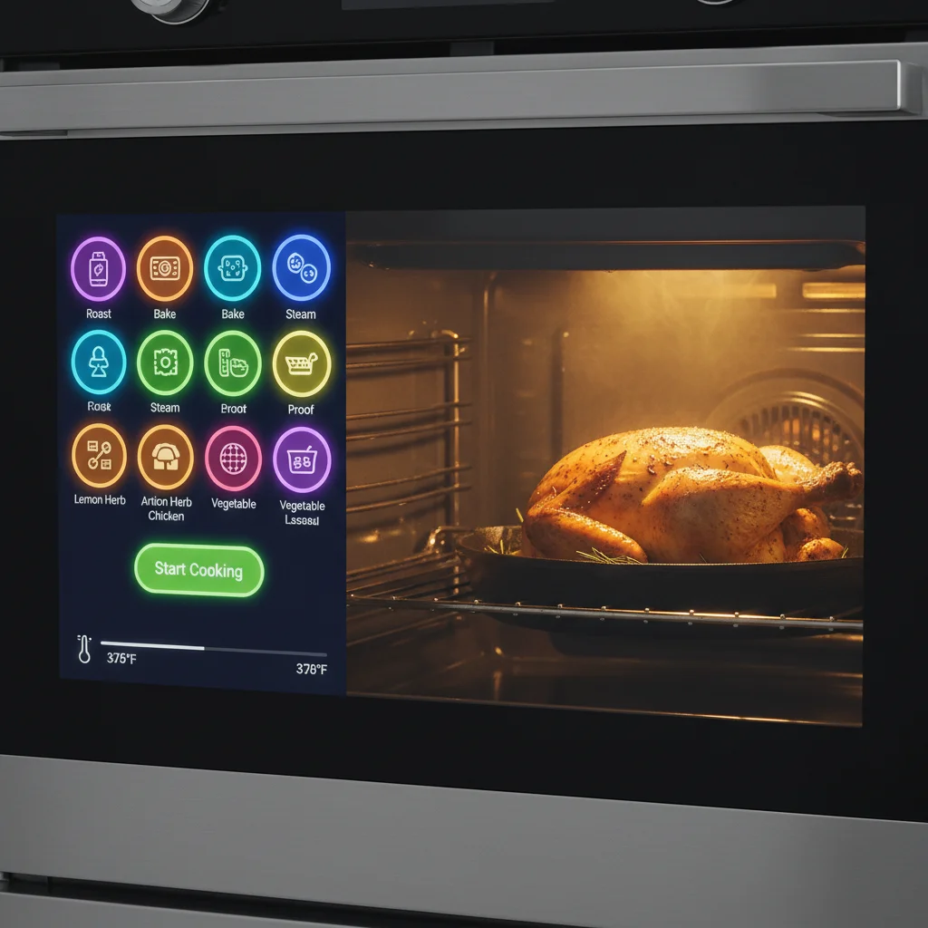 Smart oven with interactive touch screen and recipe guidance