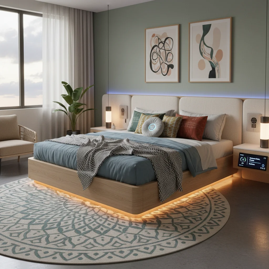 Smart bedroom with adjustable lighting and personalized decor elements