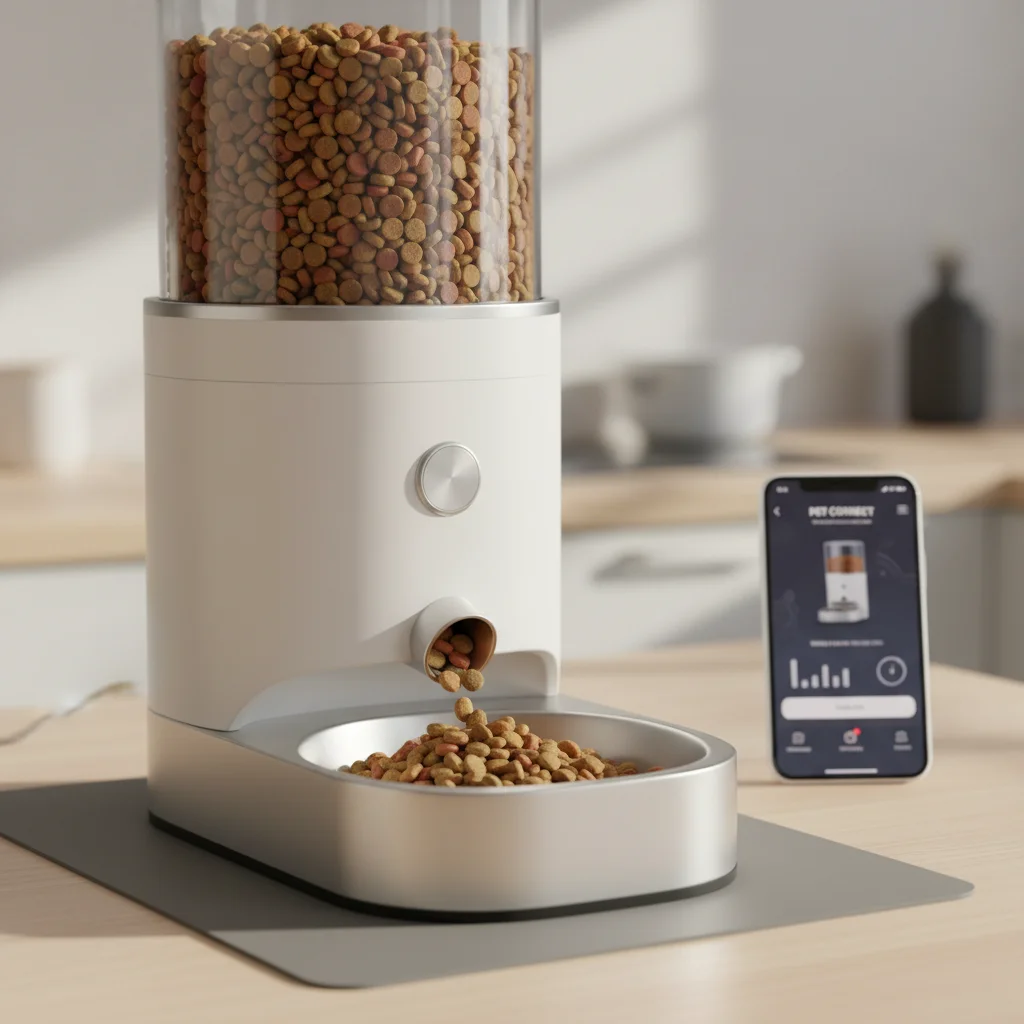 Smart automatic pet feeder with connected smartphone app for scheduled feeding