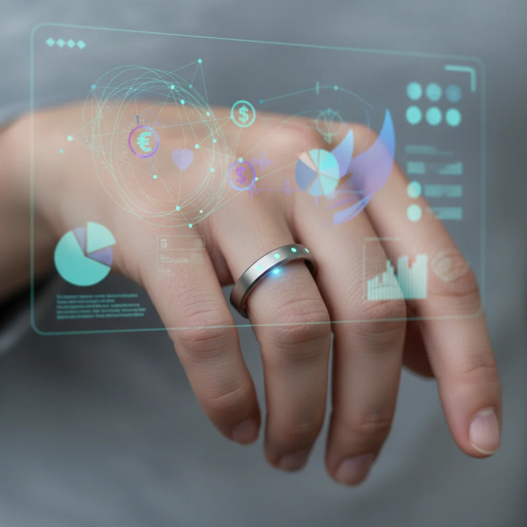 Sleek smart ring on a hand, displaying discreet health tracking and payment features.
