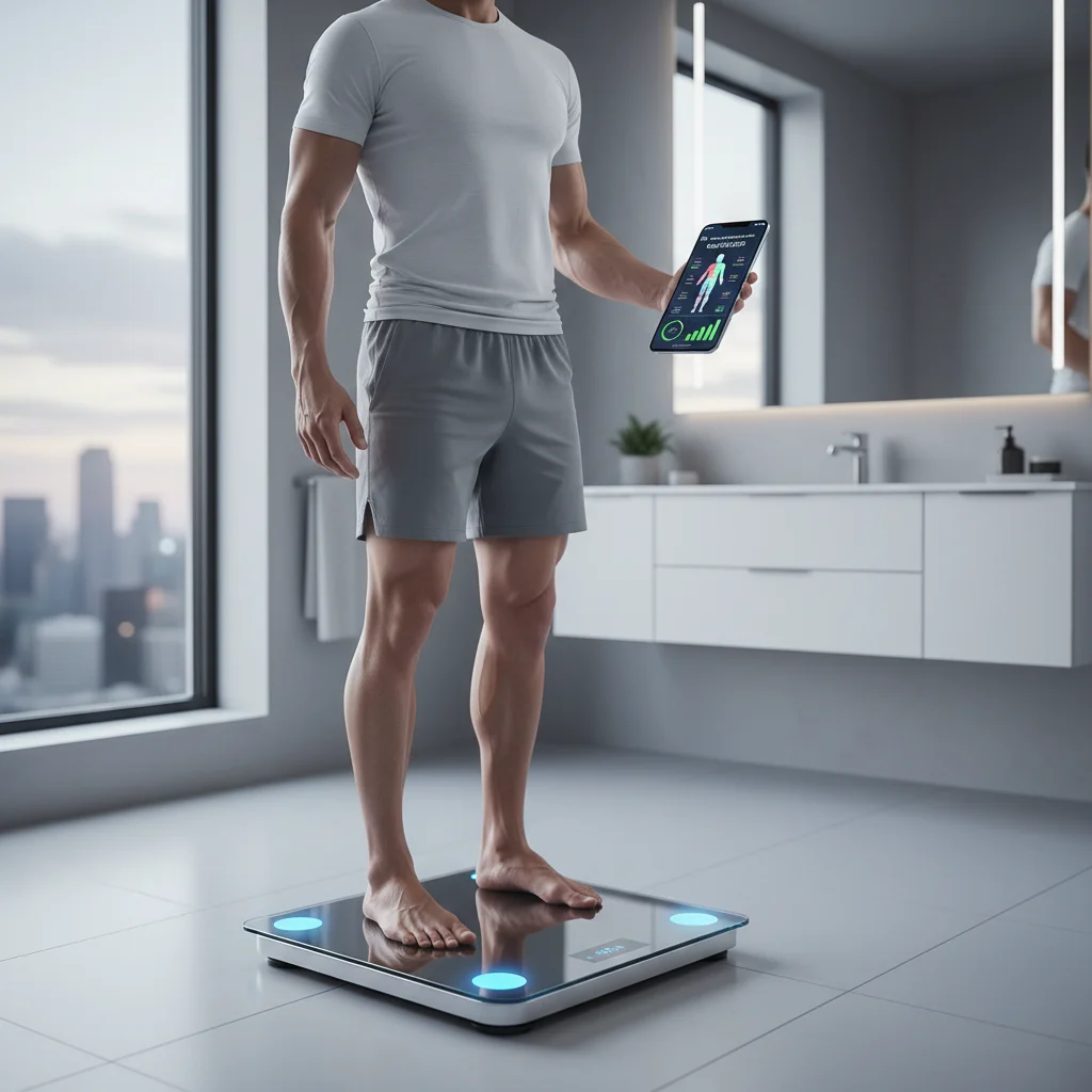 Person using a smart scale, phone displaying body composition and potential healthcare savings.