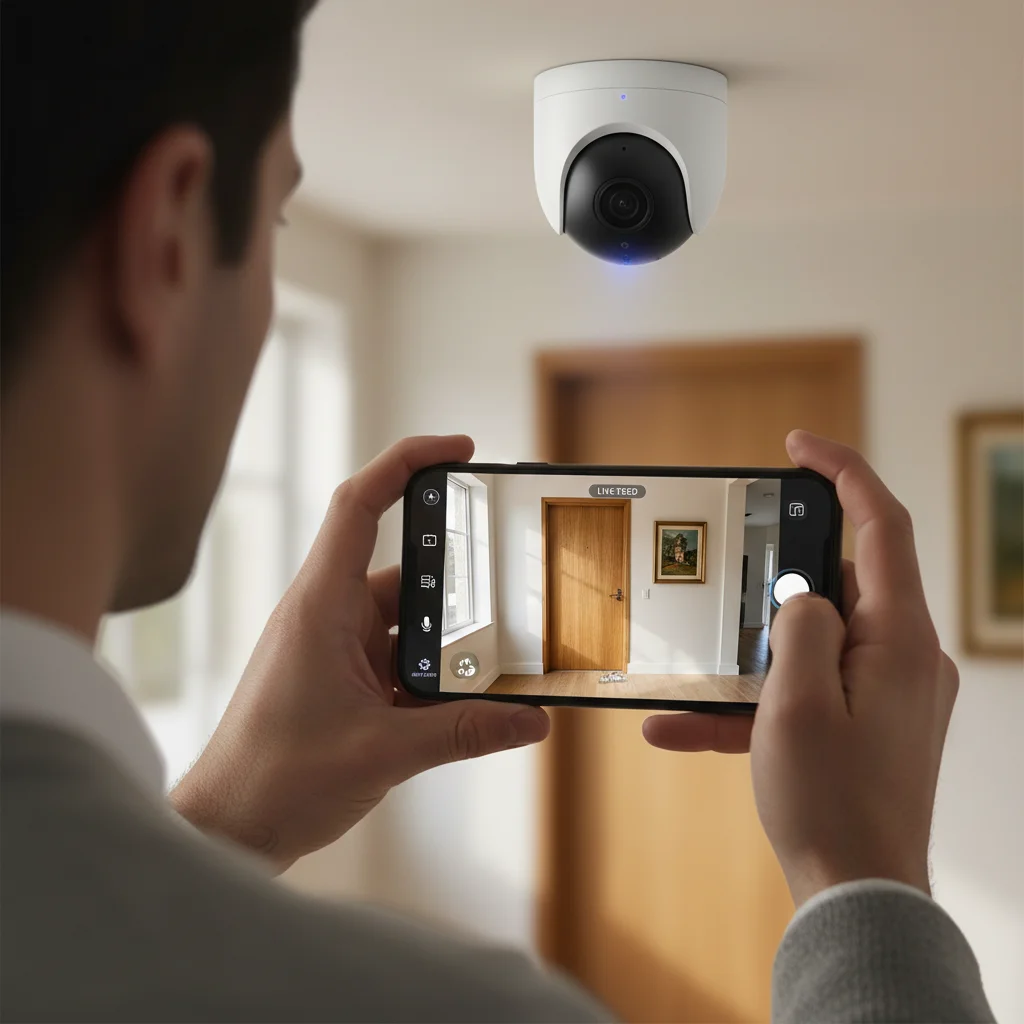 User checking smart security camera feed on a smartphone.