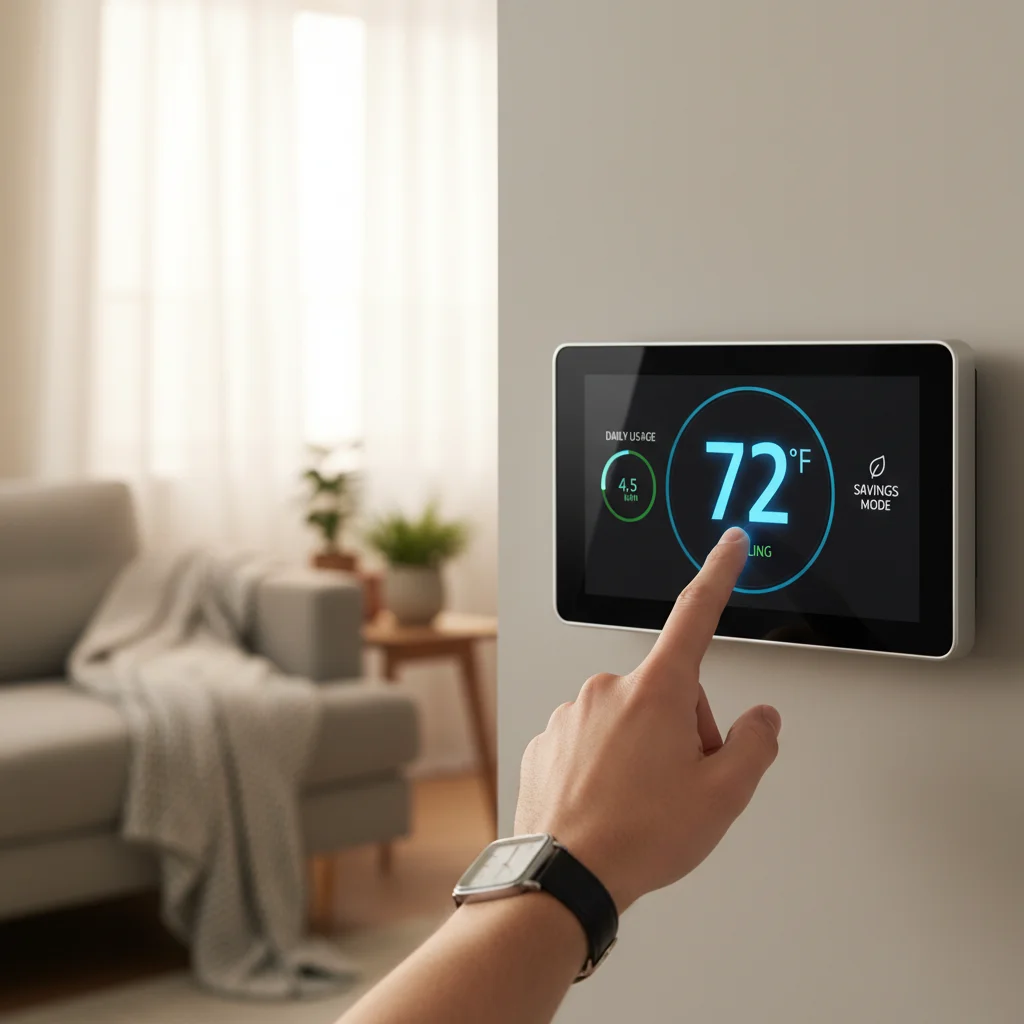 Hand adjusting a smart thermostat for energy efficiency in a modern home.