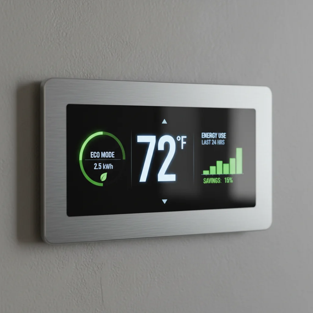 Modern smart thermostat interface showing energy consumption data