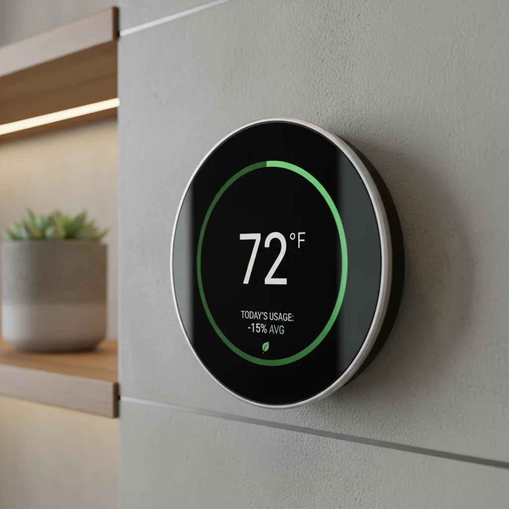 Smart thermostat displaying energy usage and temperature on a modern wall.
