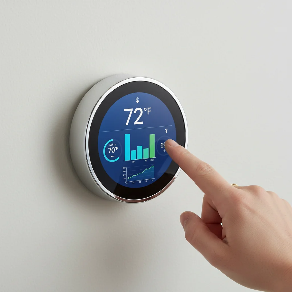 Smart thermostat displaying energy usage and temperature settings