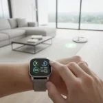 Cut Healthcare Costs: Top 2 Health Gadgets for 2027 Savings Person checking health metrics on a smartwatch, smart scale nearby, representing health tech and cost savings.