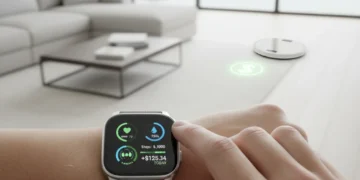 Person checking health metrics on a smartwatch, smart scale nearby, representing health tech and cost savings.