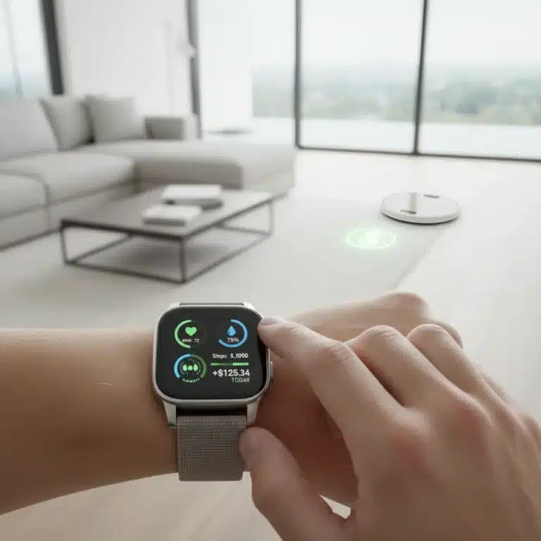Person checking health metrics on a smartwatch, smart scale nearby, representing health tech and cost savings.
