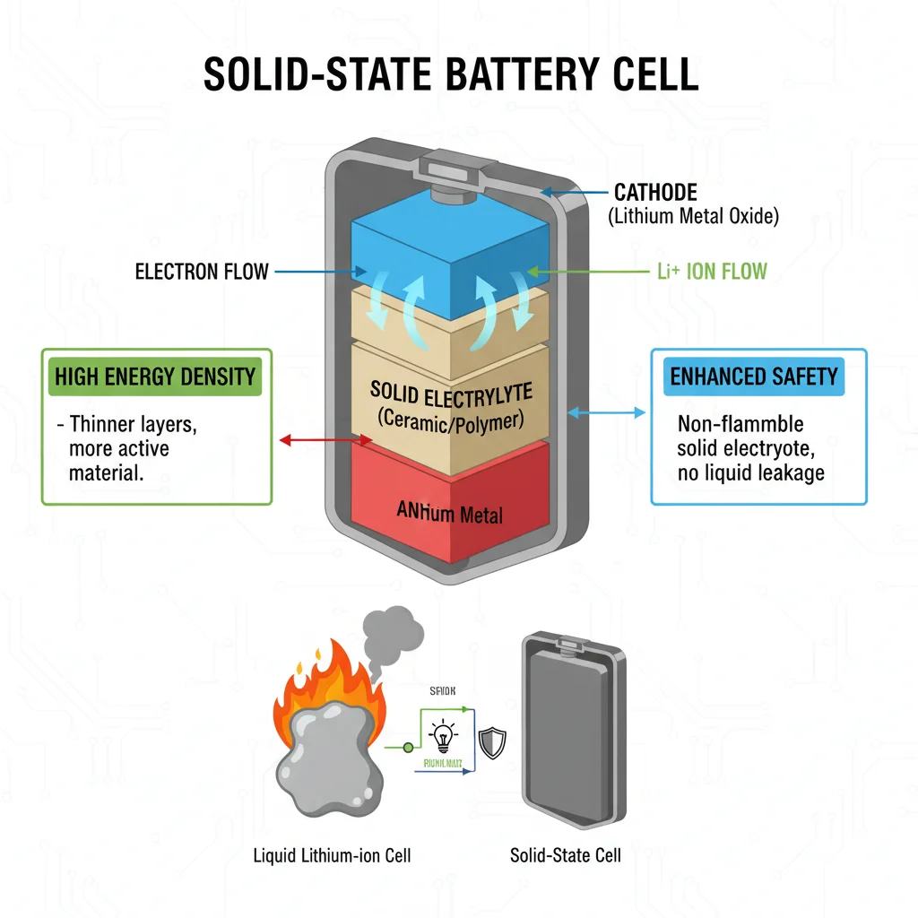 Diagram of a solid-state battery cell highlighting its layered structure and advanced energy storage capabilities.