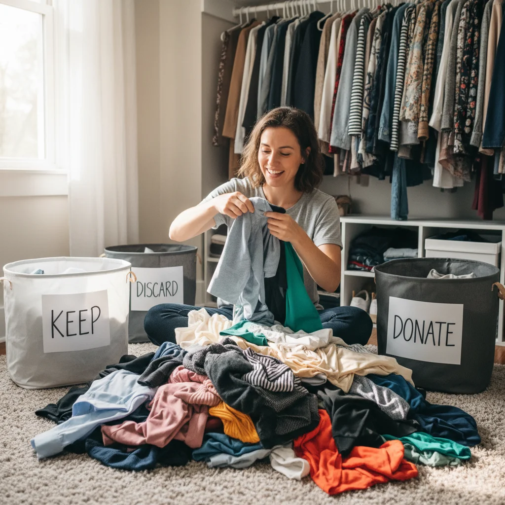 Person sorting clothes for decluttering challenge