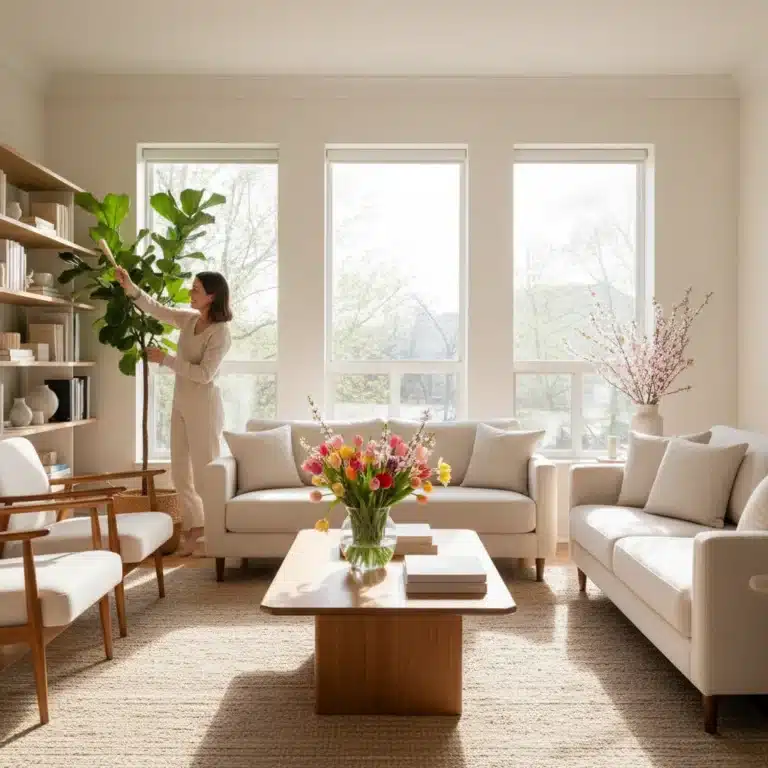 Spring-cleaned living room with sunlight and fresh flowers