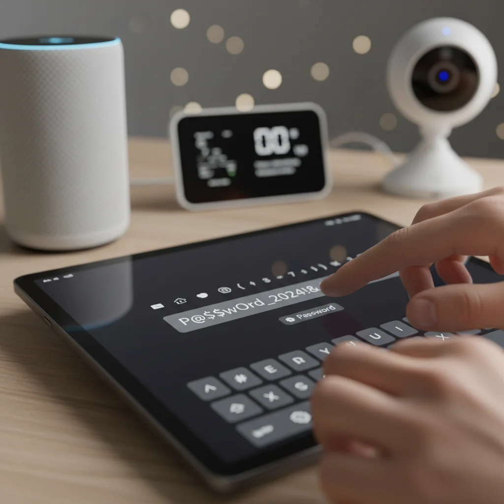 Hand typing strong password for smart device security.