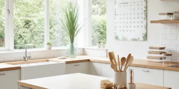 Sustainable kitchen with reusable produce bags and bamboo brushes