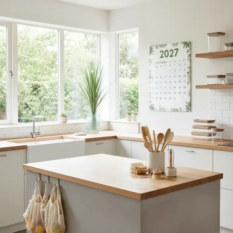 Sustainable kitchen with reusable produce bags and bamboo brushes