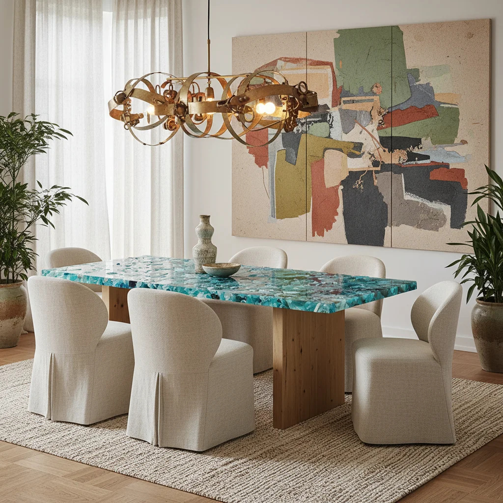 Sustainable luxury dining room with recycled materials and natural textures