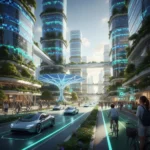Futuristic city with integrated green technology and sustainable gadgets.