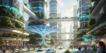 Futuristic city with integrated green technology and sustainable gadgets.