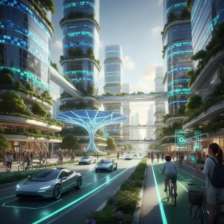 Futuristic city with integrated green technology and sustainable gadgets.