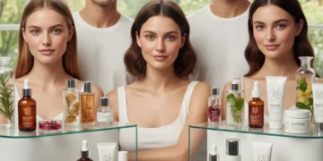 Diverse models with glowing skin and hair, surrounded by trending beauty products on a clean, modern vanity.