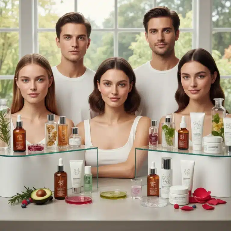 Diverse models with glowing skin and hair, surrounded by trending beauty products on a clean, modern vanity.