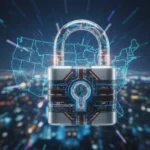 Futuristic digital padlock protecting data over a US map, symbolizing advanced US tech privacy solutions.