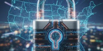 US Tech Solutions: Safeguarding Your Digital Privacy in 2026 Futuristic digital padlock protecting data over a US map, symbolizing advanced US tech privacy solutions.