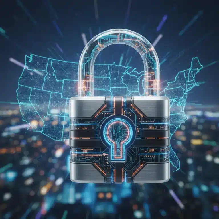 Futuristic digital padlock protecting data over a US map, symbolizing advanced US tech privacy solutions.