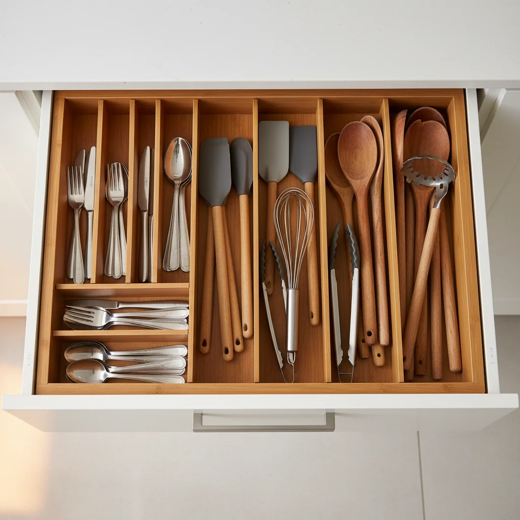 Kitchen drawer with utensil organizers and dividers