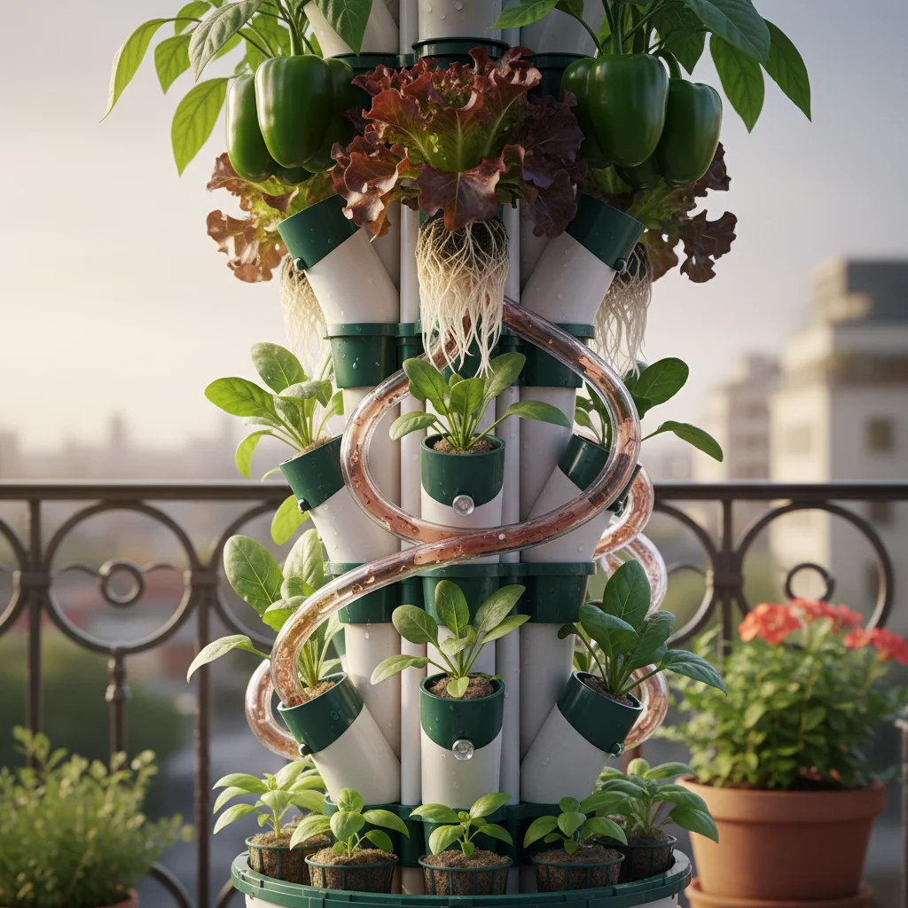 Vertical hydroponic garden system on a small urban balcony