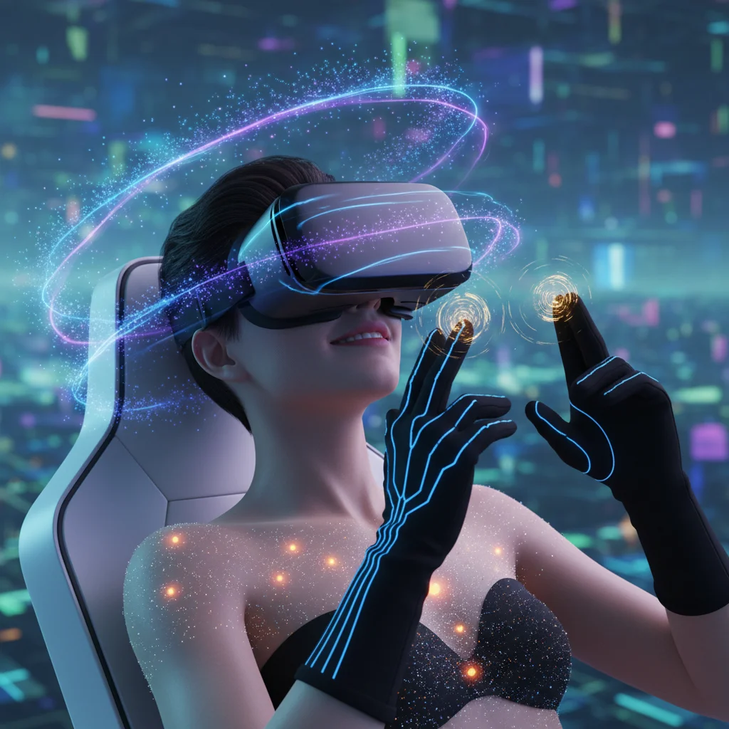 Person immersed in VR with haptic gloves