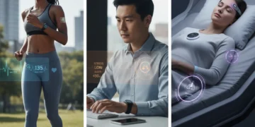 Wearable Health Tech: Revolutionizing US Lifestyles by Mid-2026 People using various wearable health tech devices for monitoring fitness and health.