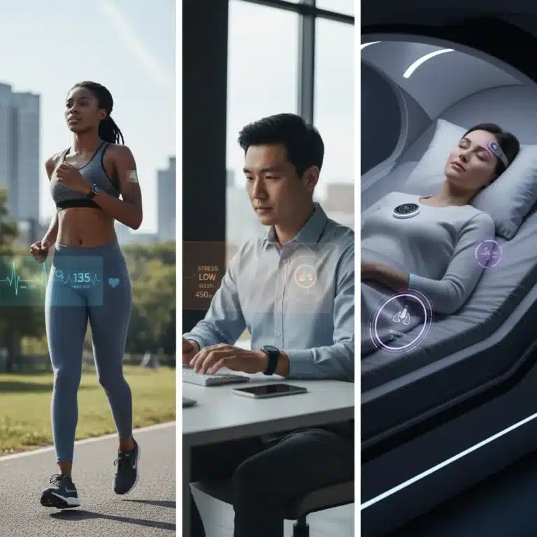 People using various wearable health tech devices for monitoring fitness and health.