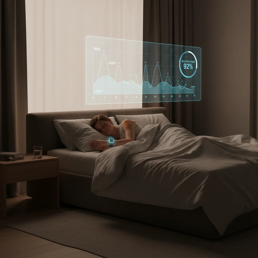 Wearable device monitoring sleep patterns on a person's wrist in a dark bedroom.