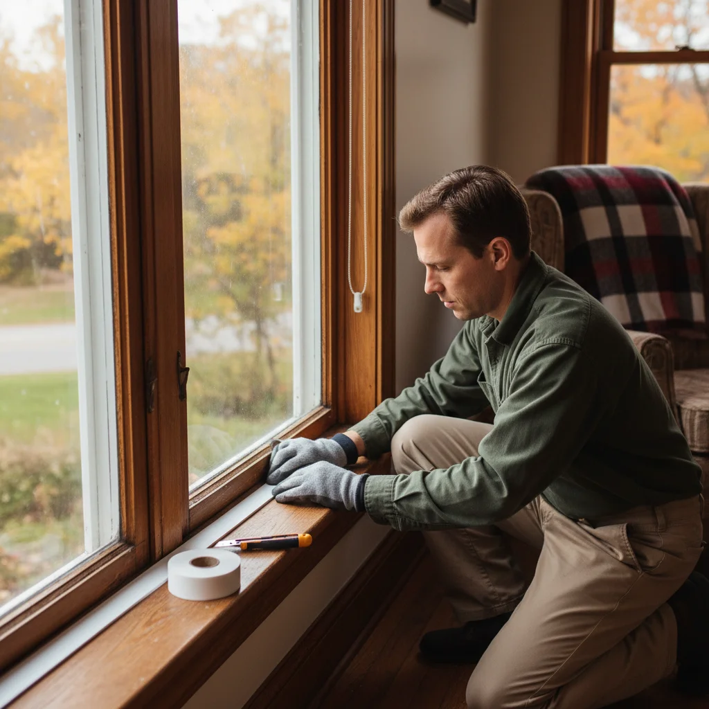 Homeowner applying weatherstripping to a window for improved home insulation.