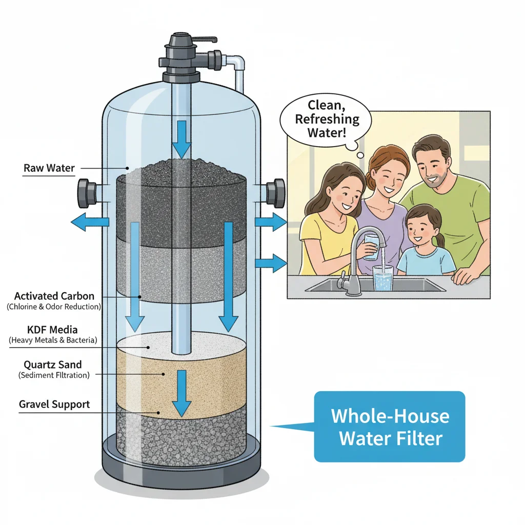 Diagram of a whole-house water filtration system with multiple filter stages.